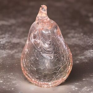 Vintage Beautiful Pink Depression Cracked Glass‎ Pear With Leaf Accent